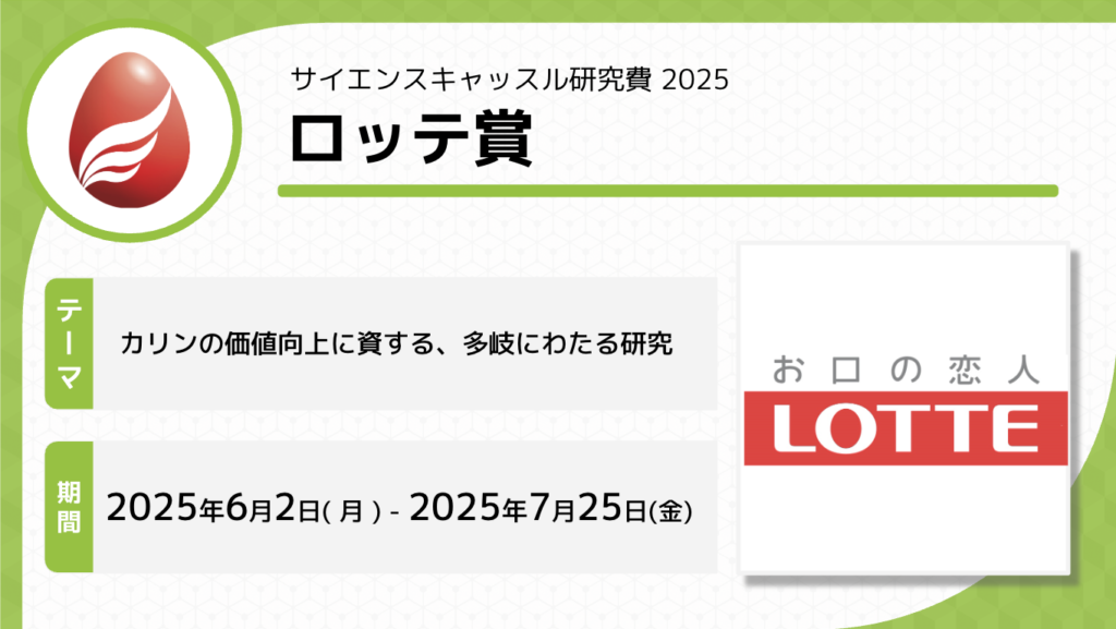 サイエンスキャッスル研究費2025「ロッテ賞」募集開始!