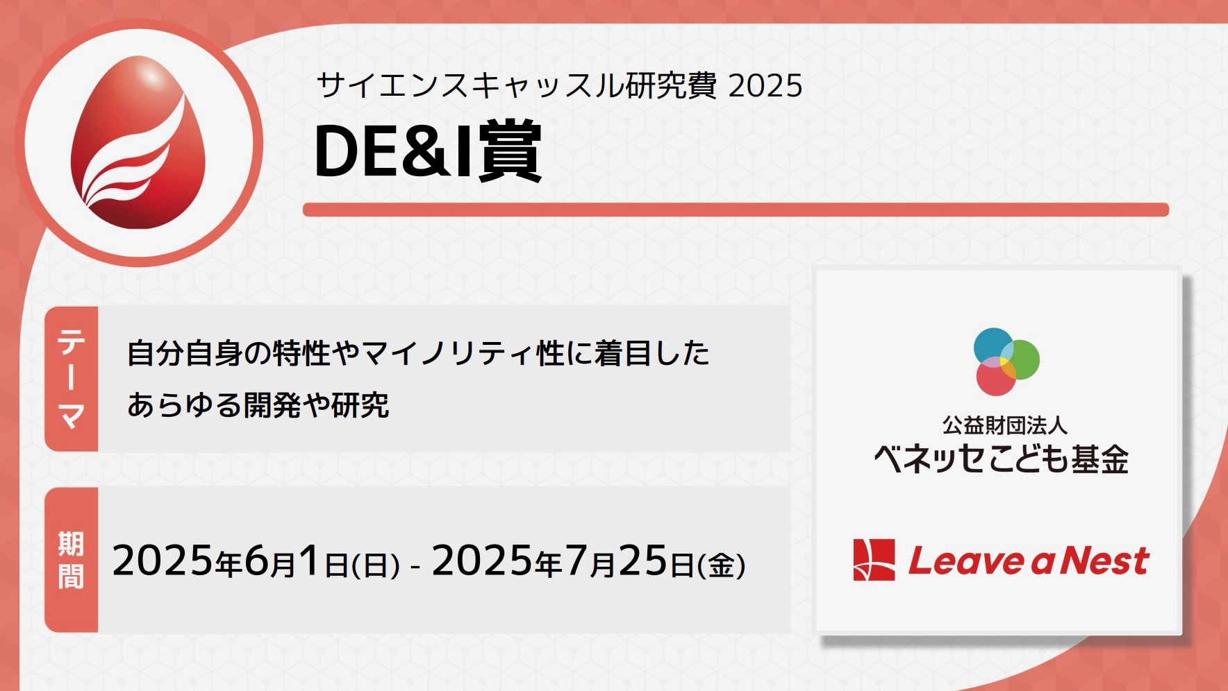 サイエンスキャッスル研究費2025「DE&I賞」募集開始！